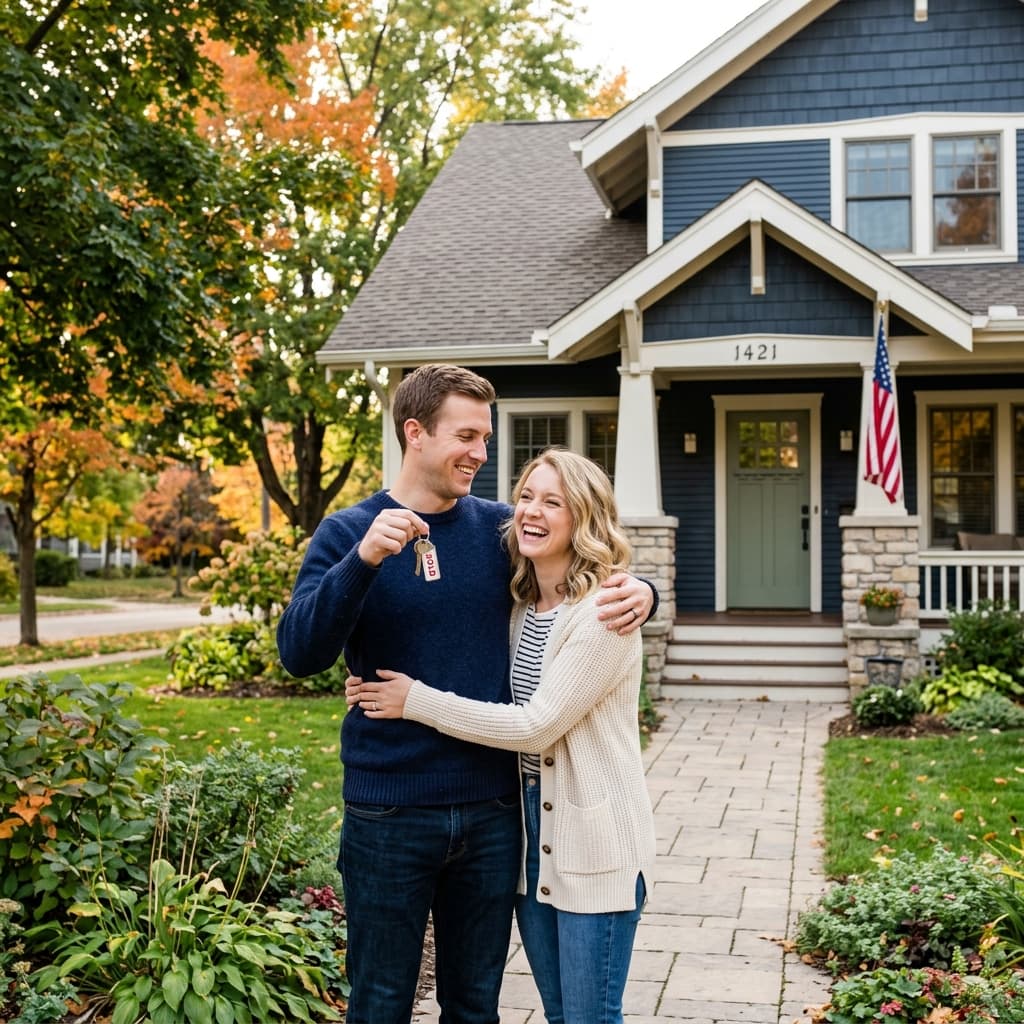 Happy young couple celebrating in front of their new Madison WI home - First-Time Home Buyers MadCity Home Loans