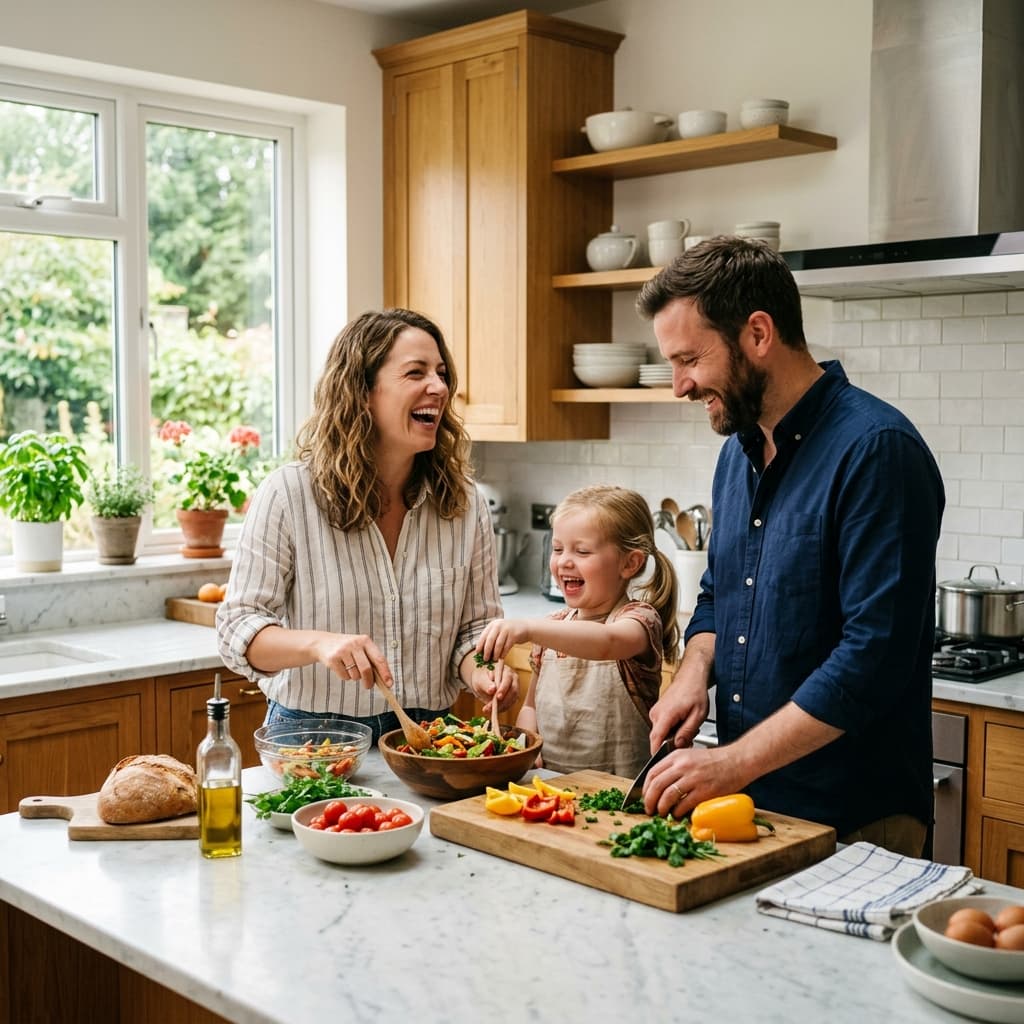 Happy family preparing food in their modern home kitchen, demonstrating the value of home equity Happy family preparing food in their modern home kitchen, demonstrating the value of home equity
