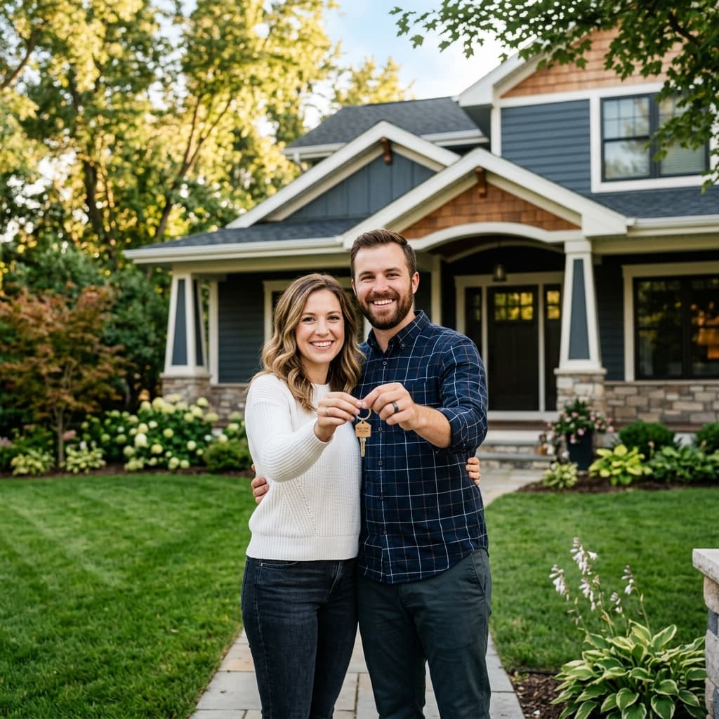 Happy couple holding keys in front of their new craftsman home in Madison, WI Happy couple holding keys in front of their new craftsman home in Madison, WI